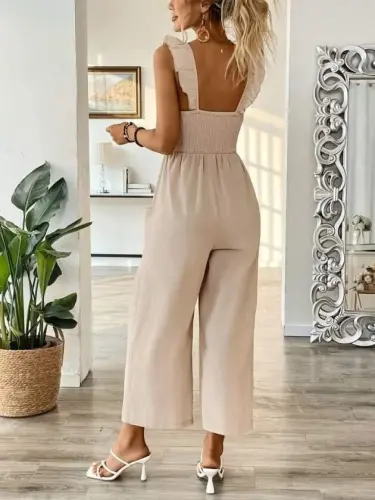 Women's Strappy Smocked Detail Pockets Long Jumpsuit - 4