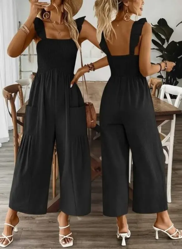 Women's Strappy Smocked Detail Pockets Long Jumpsuit - 1