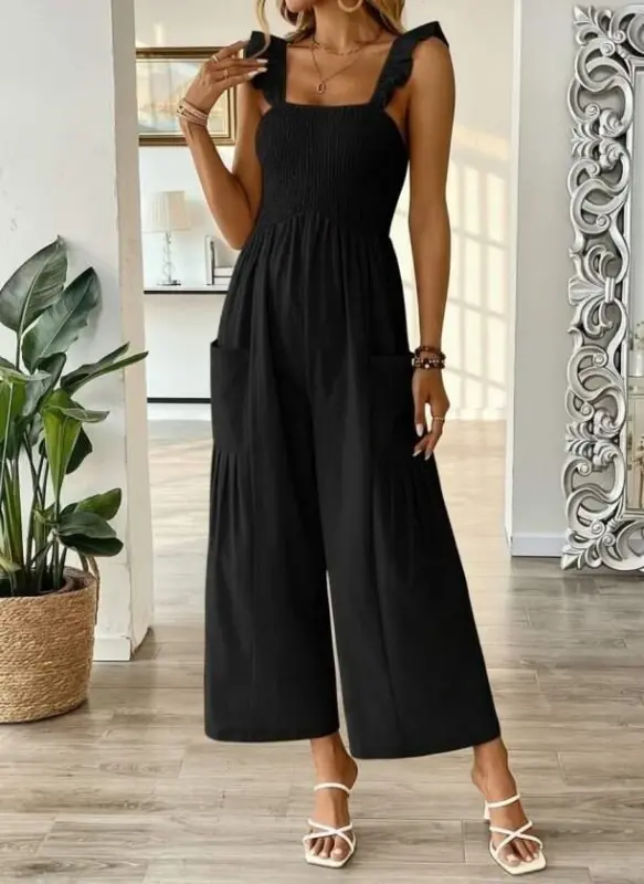 Women's Strappy Smocked Detail Pockets Long Jumpsuit - 4