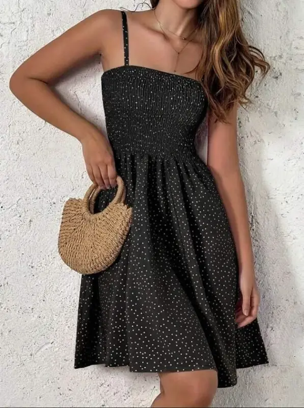 Women's Strappy Smocked Patterned Short Supreme Dress - 1