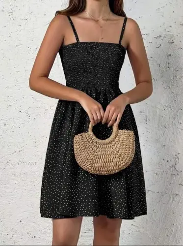 Women's Strappy Smocked Patterned Short Supreme Dress - 3