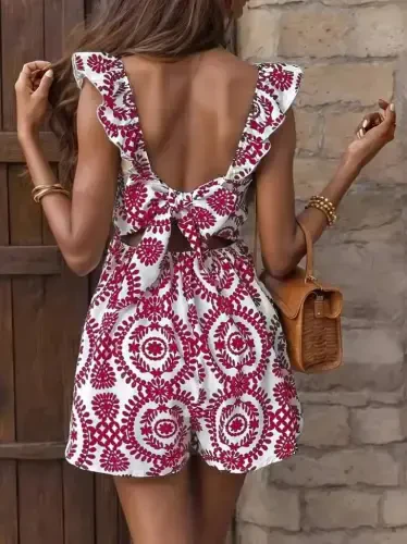 Women's Strappy Square Neck Back Tie Patterned Linen Jumpsuit - 2