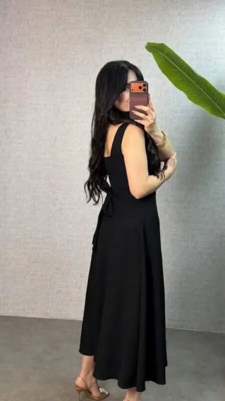 Women's Strappy Square Neck Back-Tie Waist Detailed Long Local Crepe Dress - 3