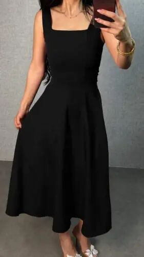 Women's Strappy Square Neck Back-Tie Waist Detailed Long Local Crepe Dress - 4