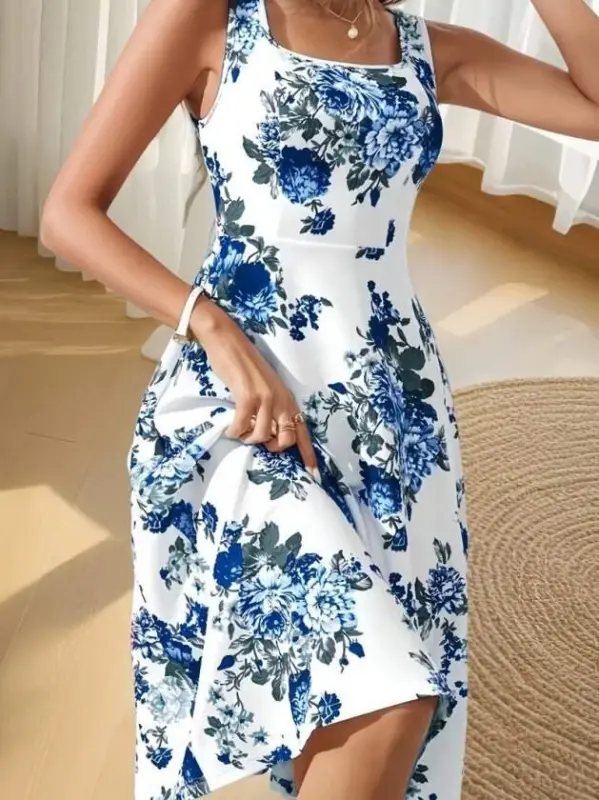 Women's Strappy Square Neck Floral Pattern Midi Scuba Dress - BÜYÜKBEDENIZ