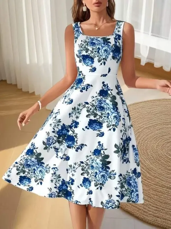 Women's Strappy Square Neck Floral Pattern Midi Scuba Dress - 2