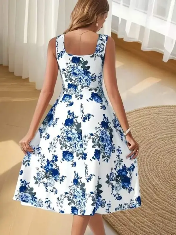 Women's Strappy Square Neck Floral Pattern Midi Scuba Dress - 3