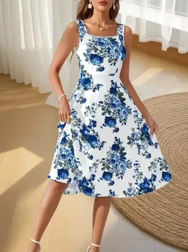 Women's Strappy Square Neck Floral Pattern Midi Scuba Dress - 4