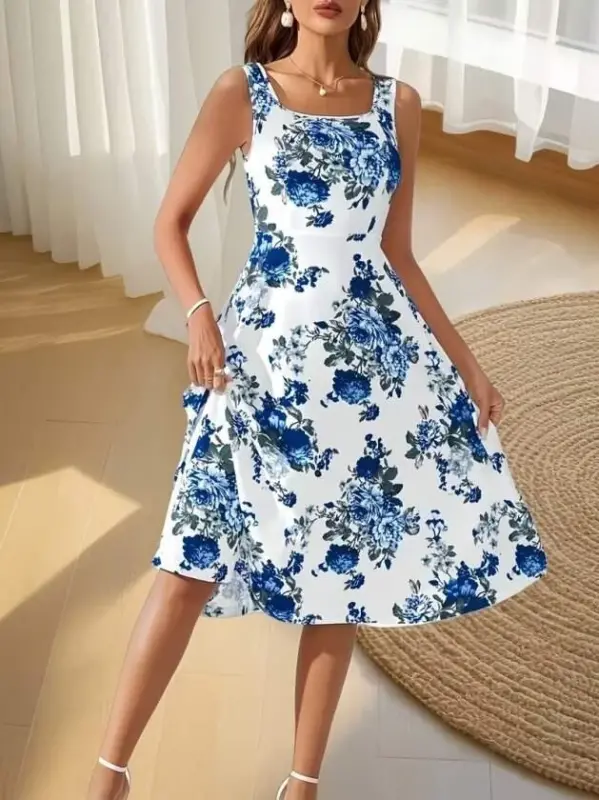 Women's Strappy Square Neck Floral Pattern Midi Scuba Dress - 4