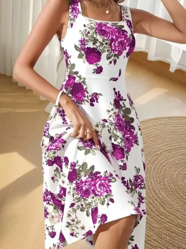 Women's Strappy Square Neck Floral Print Scuba Midi Dress - BÜYÜKBEDENIZ