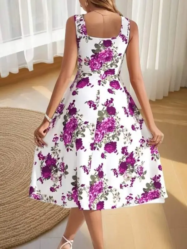 Women's Strappy Square Neck Floral Print Scuba Midi Dress - 2