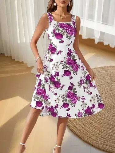 Women's Strappy Square Neck Floral Print Scuba Midi Dress - 3