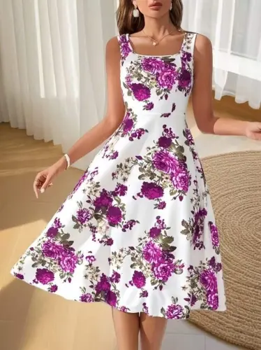 Women's Strappy Square Neck Floral Print Scuba Midi Dress - 4