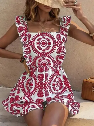 Women's Strappy Square Neck Lace-up Back Patterned Linen Jumpsuit - 2