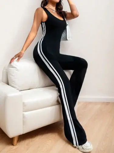 Women's Strappy Square Neck Side Striped Long Scuba Jumpsuit - BÜYÜKBEDENIZ (1)