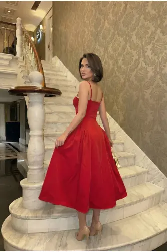 Women's Strappy Stone Embroidered Cowl Neck Zipped Midi Lined Graduation Evening Dress - RED RED - 2