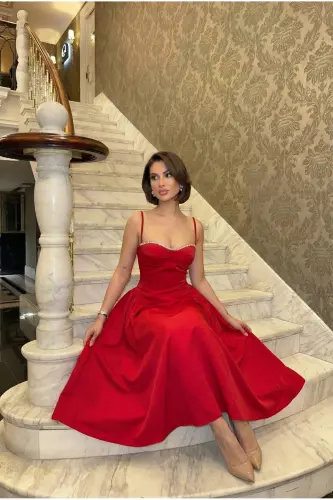 Women's Strappy Stone Embroidered Cowl Neck Zipped Midi Lined Graduation Evening Dress - RED RED - 3