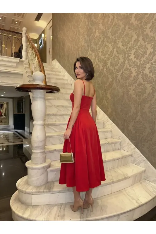 Women's Strappy Stone Embroidered Cowl Neck Zipped Midi Lined Graduation Evening Dress - RED RED - 4