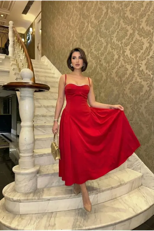 Women's Strappy Stone Embroidered Cowl Neck Zipped Midi Lined Graduation Evening Dress - RED RED - 5