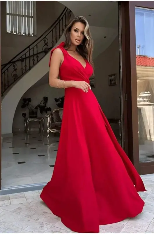 Women's Strappy Tie Shoulder Crossover Collar Long Slit Crinkle Crepe Dress - 5