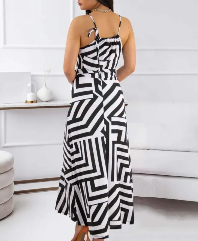Women's Strappy Tie Waist Geometric Pattern Crepe Dress - 6
