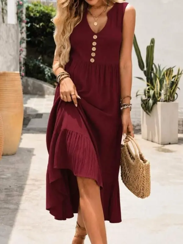 Women's Strappy V-Neck Front-Buttoned Midi Crinkle Dress - 3