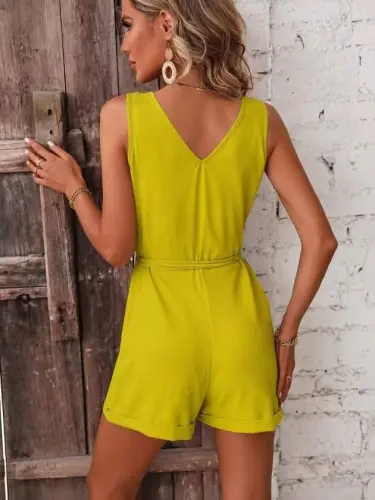Women's Strappy V-Neck Front Buttoned Tied Waist Short Aerobin Jumpsuit - 3