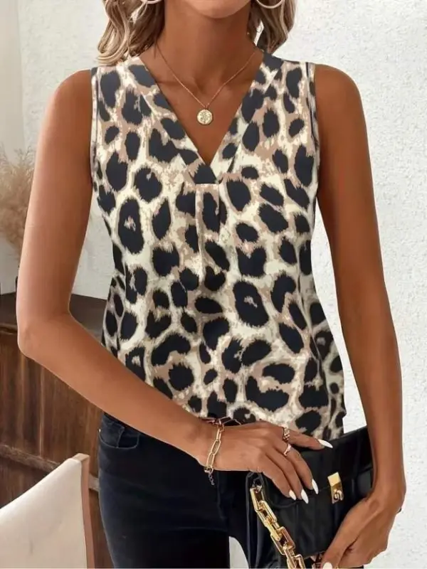 Women's Strappy V-Neck Leopard Print Supreme Blouse - BÜYÜKBEDENIZ