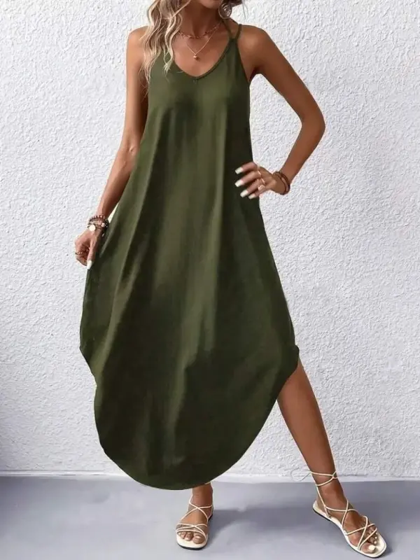 Women's Strappy V Neck Long Viscose Dress - BÜYÜKBEDENIZ