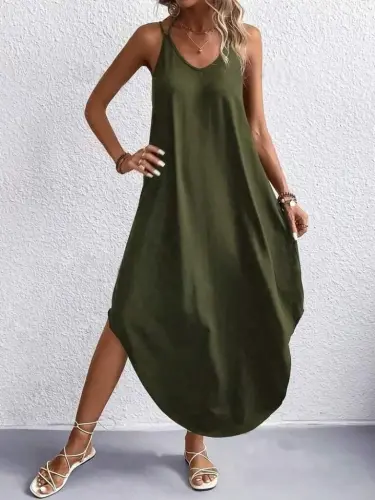 Women's Strappy V Neck Long Viscose Dress - 4