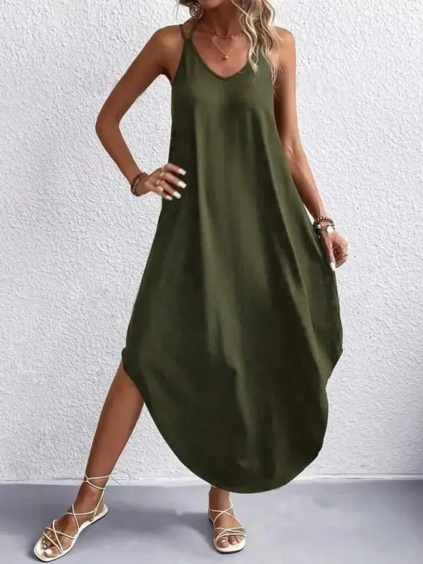 Women's Strappy V Neck Long Viscose Dress - 4