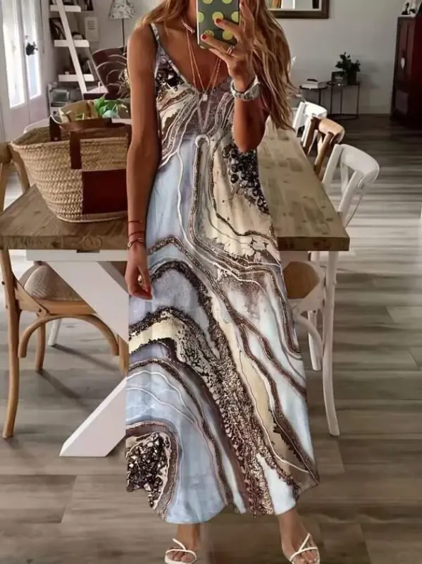 Women's Strappy V-Neck Patterned Long Supre Dress - 1
