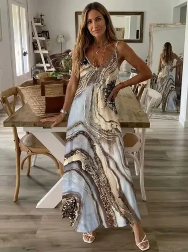 Women's Strappy V-Neck Patterned Long Supre Dress - BÜYÜKBEDENIZ (1)