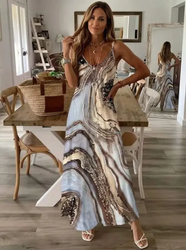 Women's Strappy V-Neck Patterned Long Supre Dress - 3