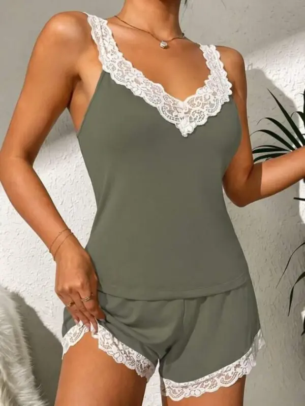 Women's Strappy V-Neck Viscose Blouse And Shorts Nightwear Set - 4