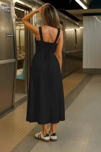 Women's Strappy Wide V-Neck Back Tie Slit Supima Dress - BÜYÜKBEDENIZ (1)