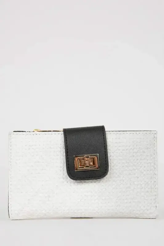 Women's Straw Pattern Buckled Wallet-White - DEFACTO