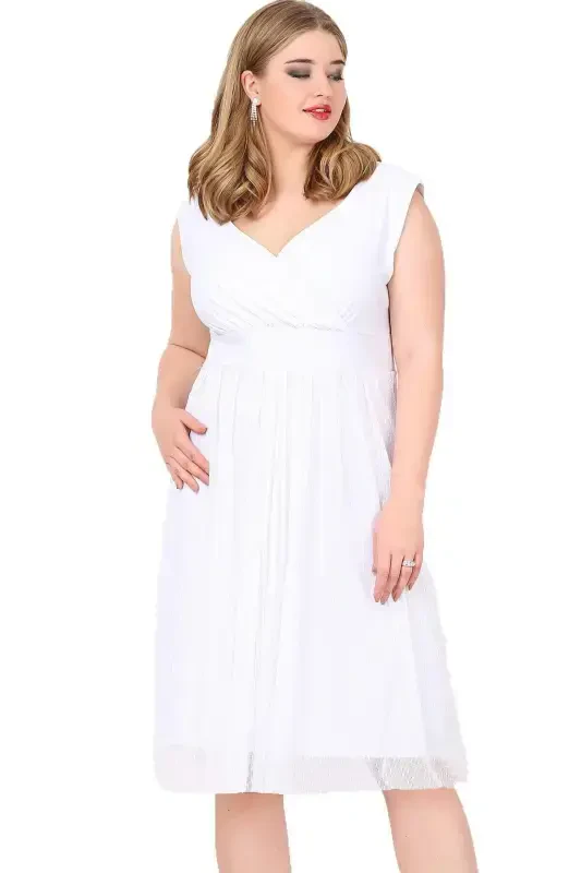 Women's Stretchy Polka Dot Tulle Elastic Elegant Midi White Dress KL3054 - 1