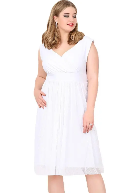Women's Stretchy Polka Dot Tulle Elastic Elegant Midi White Dress KL3054 - BÜYÜKBEDENIZ