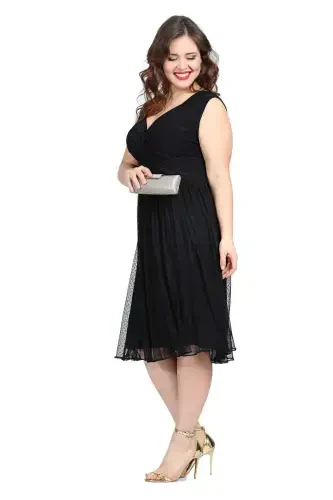 Womens Stretchy Polka Dot Tulle Flare Chic Midi Black Party Dress KL3054 - 1