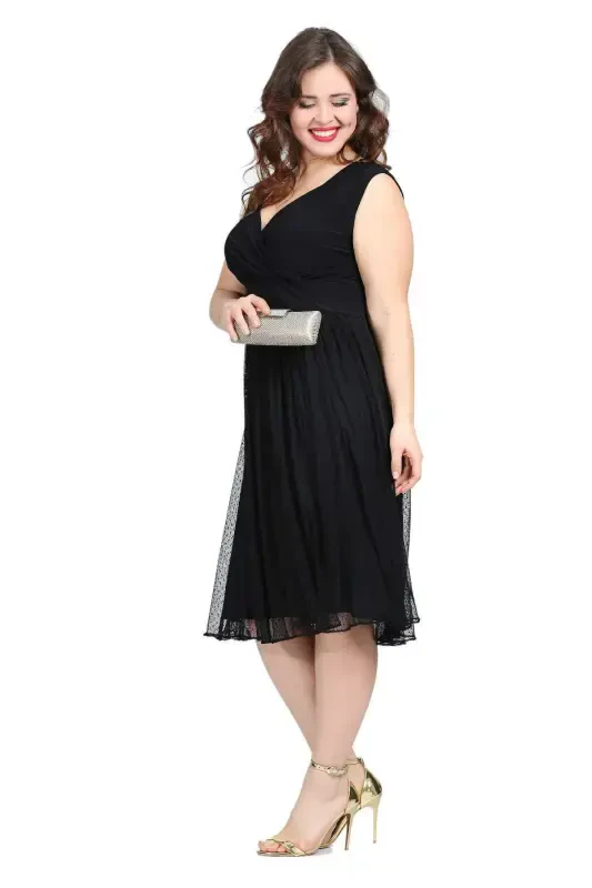 Womens Stretchy Polka Dot Tulle Flare Chic Midi Black Party Dress KL3054 - BÜYÜKBEDENIZ