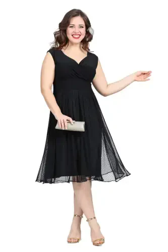 Womens Stretchy Polka Dot Tulle Flare Chic Midi Black Party Dress KL3054 - BÜYÜKBEDENIZ (1)