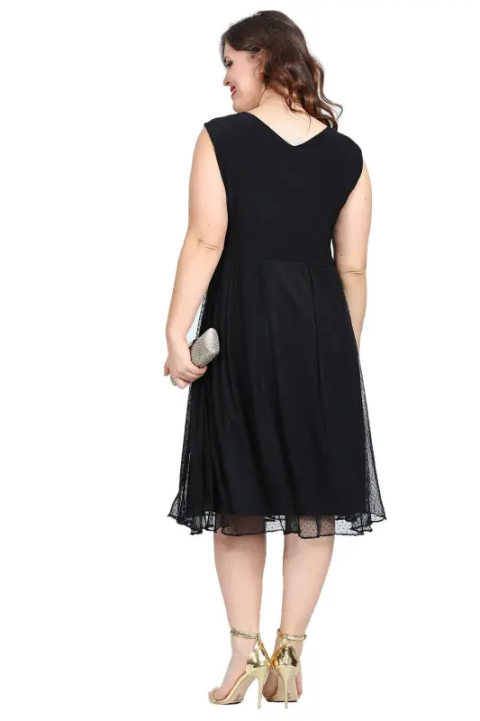 Womens Stretchy Polka Dot Tulle Flare Chic Midi Black Party Dress KL3054 - 3