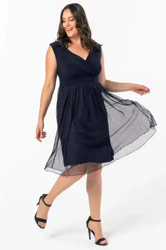 Women's Stretchy Polka Dot Tulle Stretch Chic Midi Navy Blue Dress KL3054 - 1