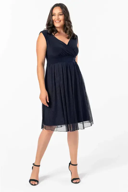 Women's Stretchy Polka Dot Tulle Stretch Chic Midi Navy Blue Dress KL3054 - 3