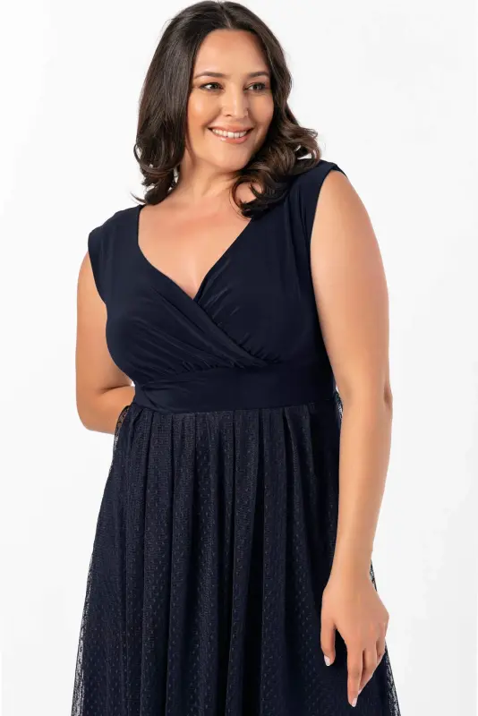 Women's Stretchy Polka Dot Tulle Stretch Chic Midi Navy Blue Dress KL3054 - 4