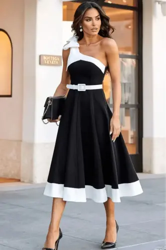 Women's Stripe Detail Black and White Flared Midi Bow Detailed Belted Evening Dress - Bow - ALFUDO MODA COLLECTION (1)
