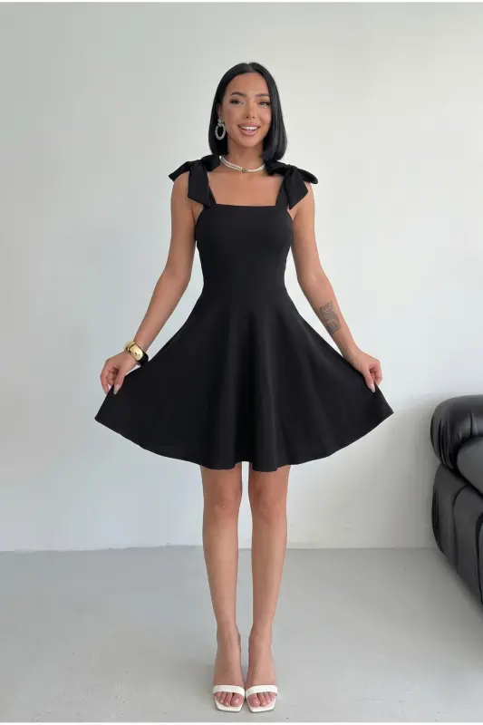 Women's Stripe Detail Strapless Neck Tie Strap Design Black Black Flared Mini Evening Dress - Black BLACK 2 - 1