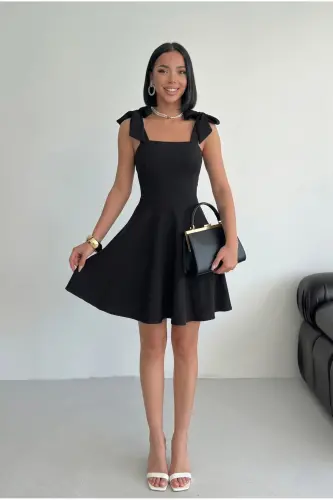 Women's Stripe Detail Strapless Neck Tie Strap Design Black Black Flared Mini Evening Dress - Black BLACK 2 - 2