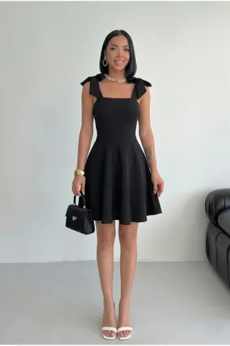 Women's Stripe Detail Strapless Neck Tie Strap Design Black Black Flared Mini Evening Dress - Black BLACK 2 - 3